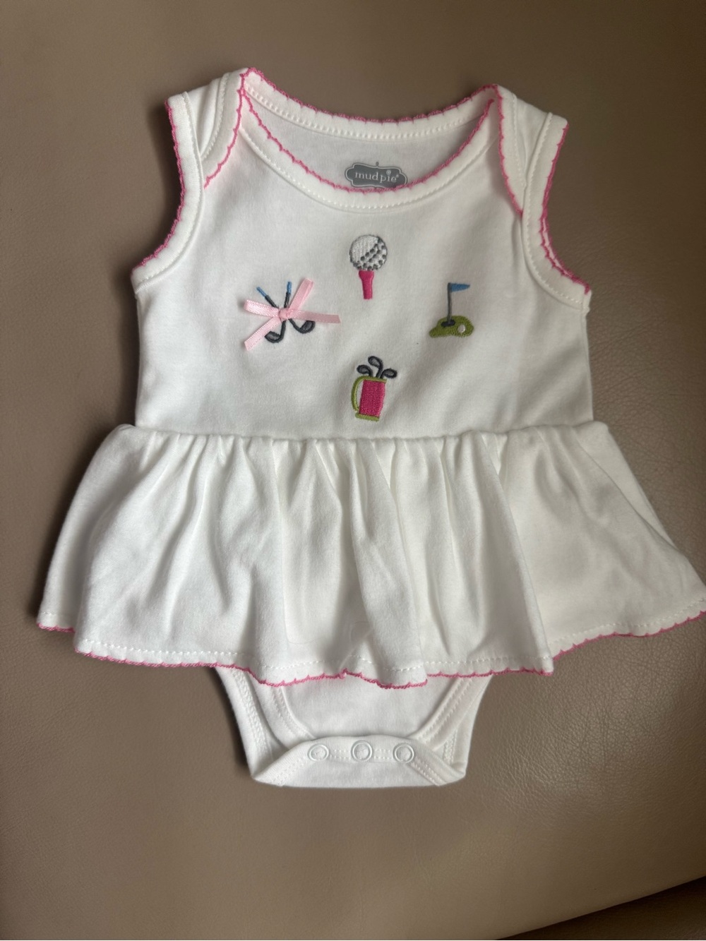 Mud Pie White & Pink Golf Embroidered Dress-Style Onesie Never Worn